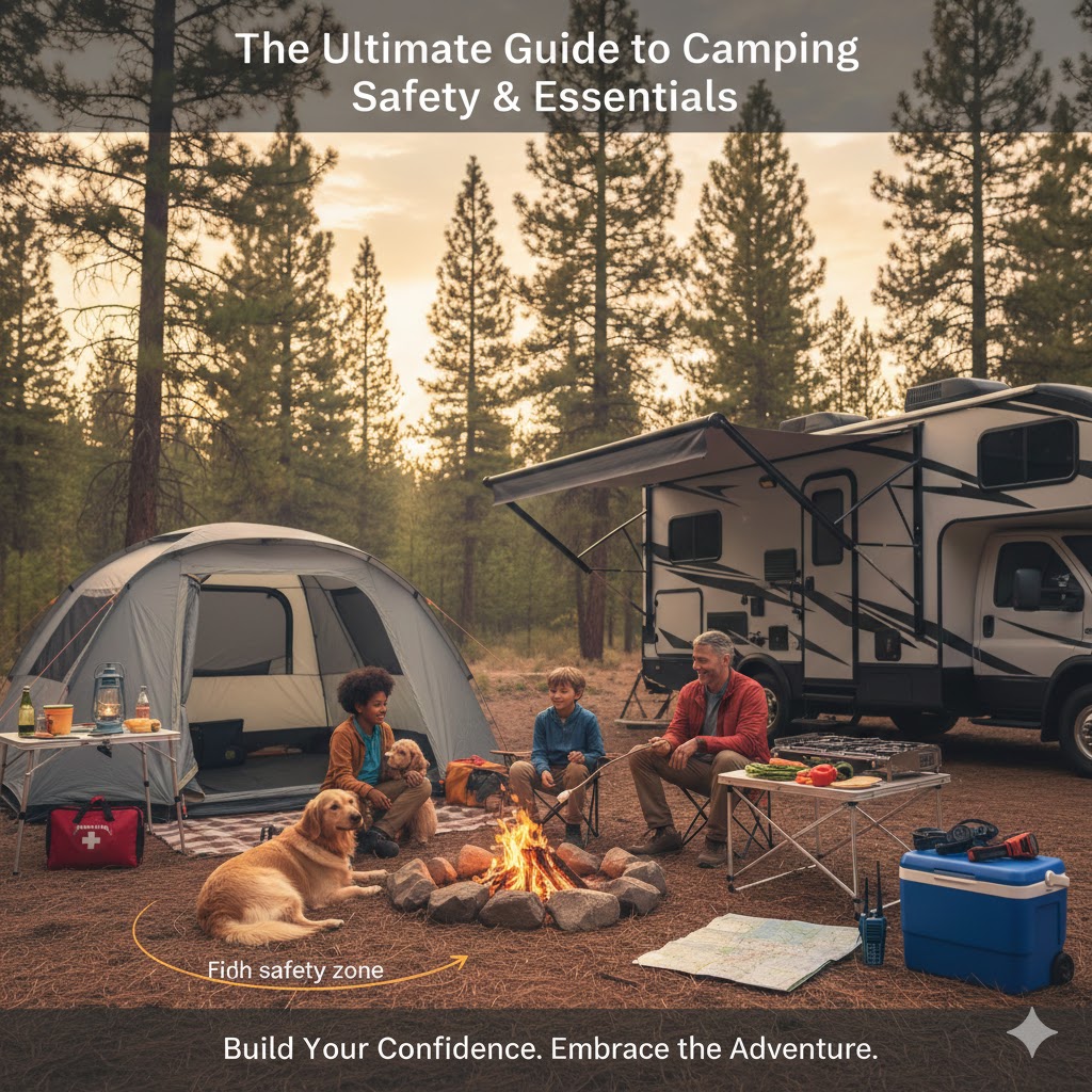 safety and essentials, Family enjoying their campfire with dogs, rv camping and tent camping