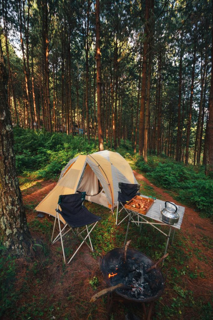 Scenic camping scene with a tent, campfire, and cooking setup in a forest.