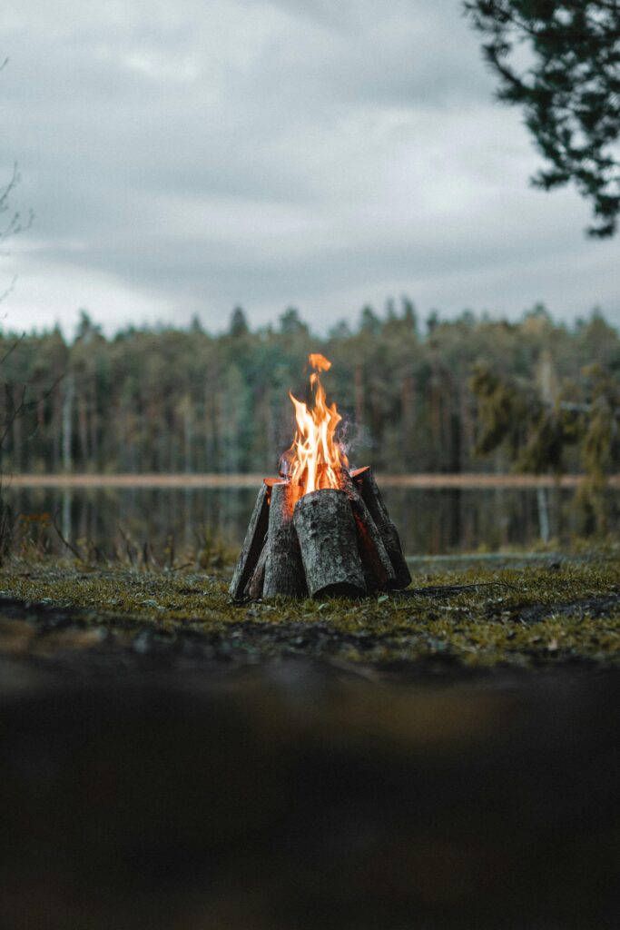 camping resources, A tranquil campfire in a forest setting beside a calm lake under cloudy skies.