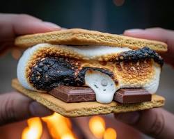 Family camping checklist, Smores with cooked marshmallow, chocolate and graham cracker